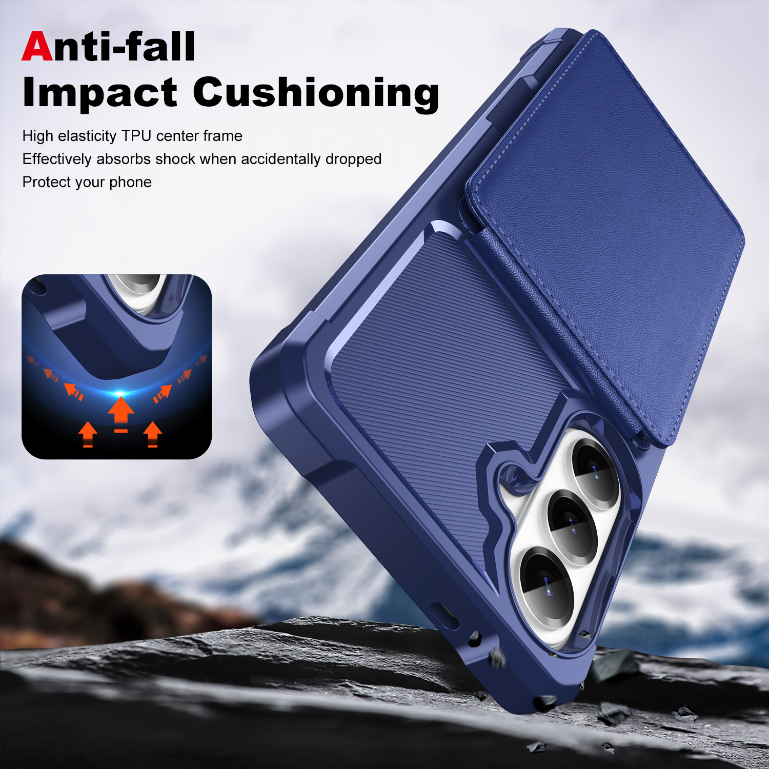 Anti-fall Impact Cushioning

High elasticity TPU center frame  
Effectively absorbs shock when accidentally dropped  
Protect your phone