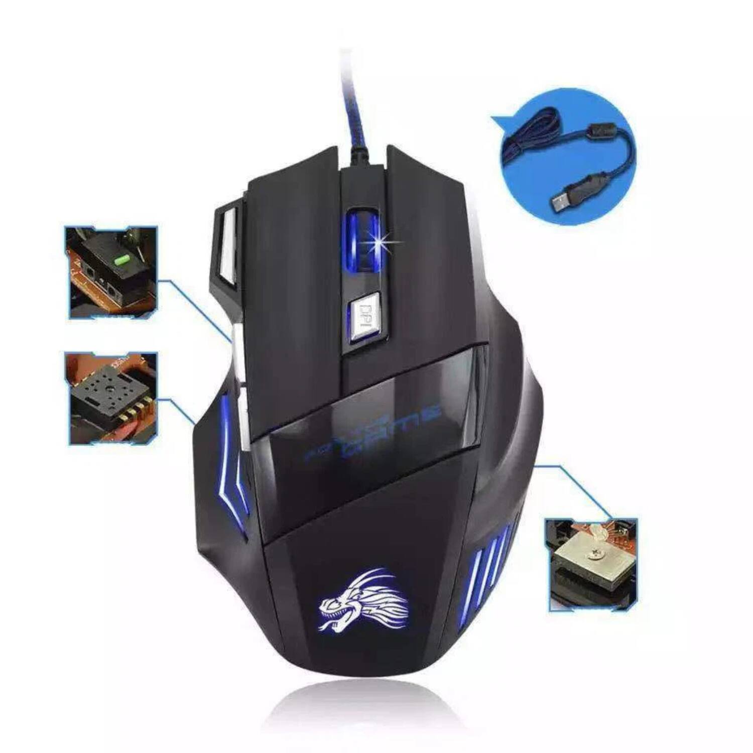 Left. Stock Preferred - 5500 DPI Gaming Mouse 7-Button USB Wired with LED Breathing Lights & Fire Button - Black.
