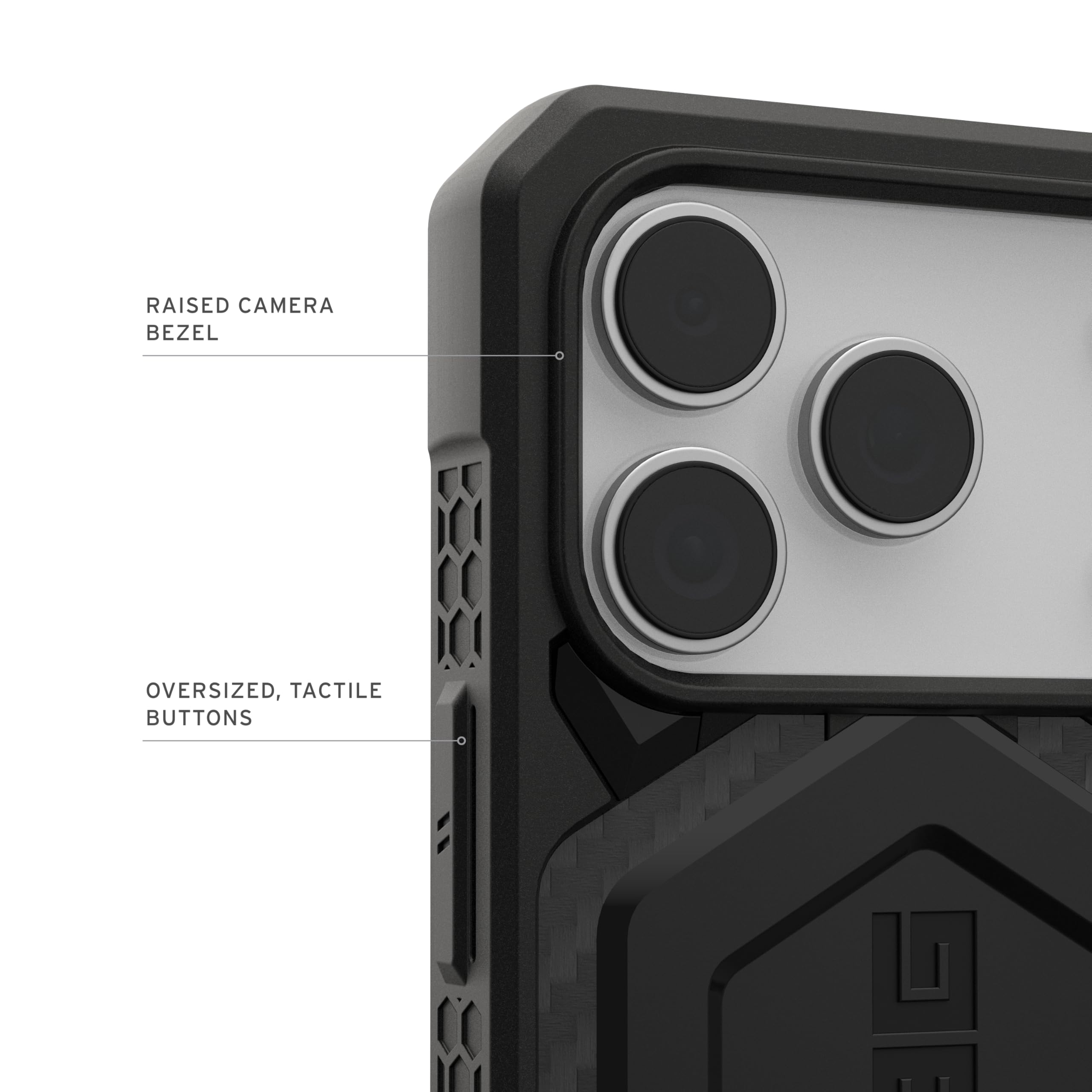 RAISED CAMERA BEZEL  
OVERSIZED, TACTILE BUTTONS