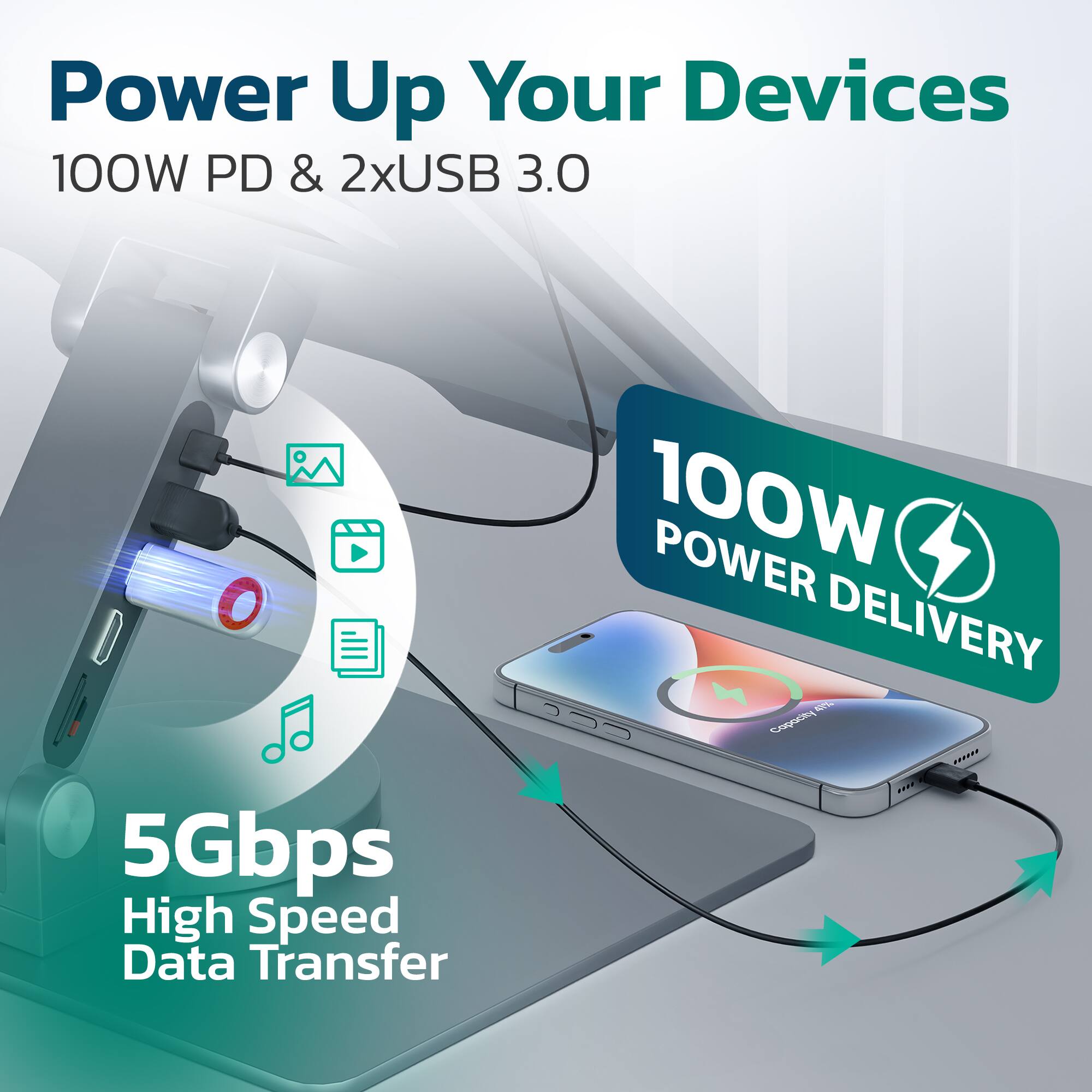 Power Up Your Devices  
100W PD & 2xUSB 3.0  
5Gbps High Speed Data Transfer  
100W POWER DELIVERY