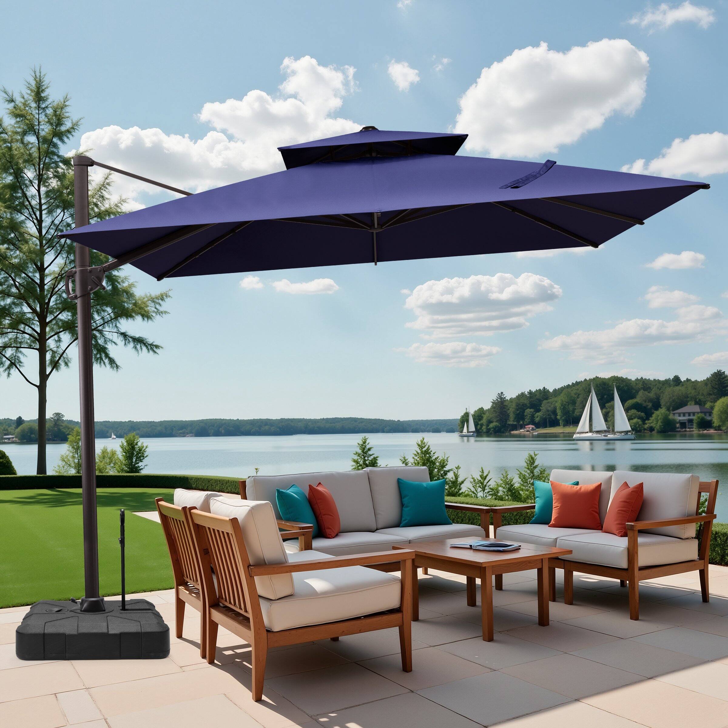 Back. Crestlive Products - Crestlive Products 11ft UPF50+ Aluminum Double Top Slide-tilt Cantilever Patio Umbrella with 350lbs Pull rod Wheel Base - Navy blue.
