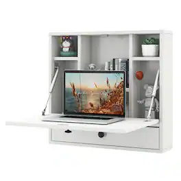 Gymax - Wall-mounted Desk Floating Computer Workstation w/ Storage Shelves Home Office - White
