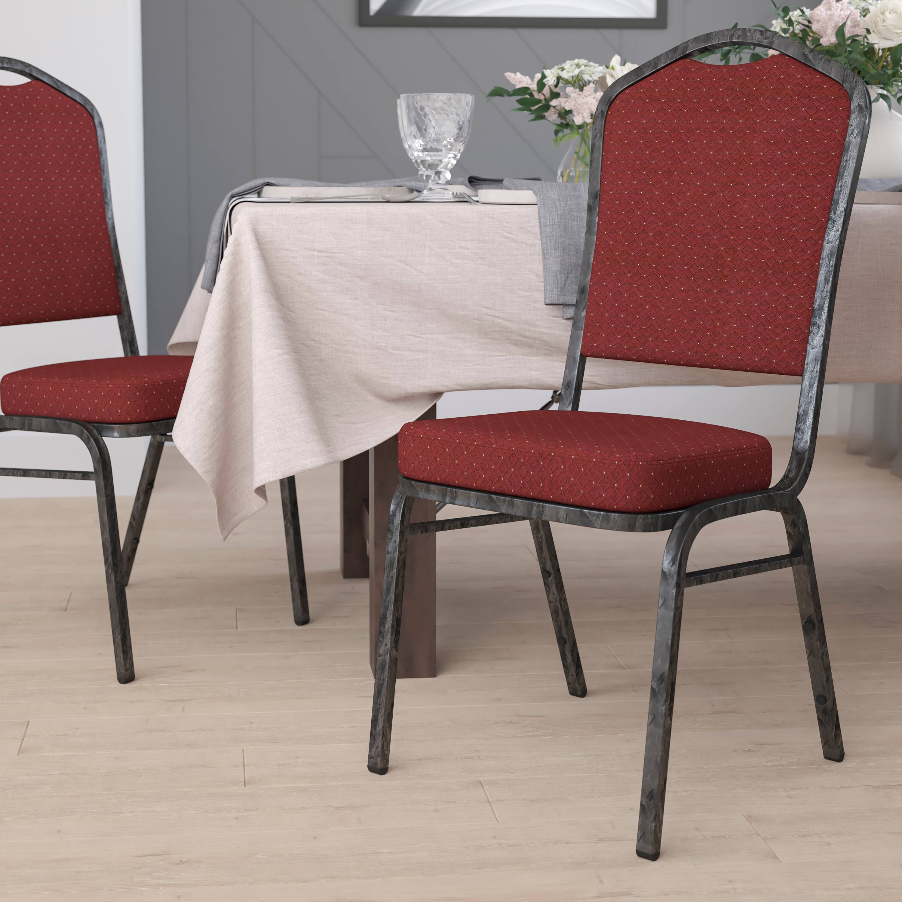 Alt View 1. Emma + Oliver - Crown Back Stacking Banquet Dining Chair - Burgundy Patterned Fabric/Silver Vein Frame.
