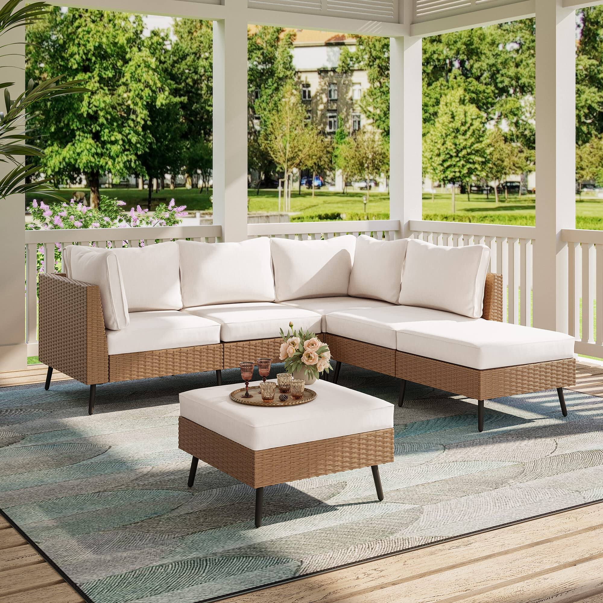 Angle. Yardgrace - Outdoor Patio Furniture, 7 Piece Outdoor Sectional Sofa PE Rattan Wicker Patio Conversation Sets - Beige.