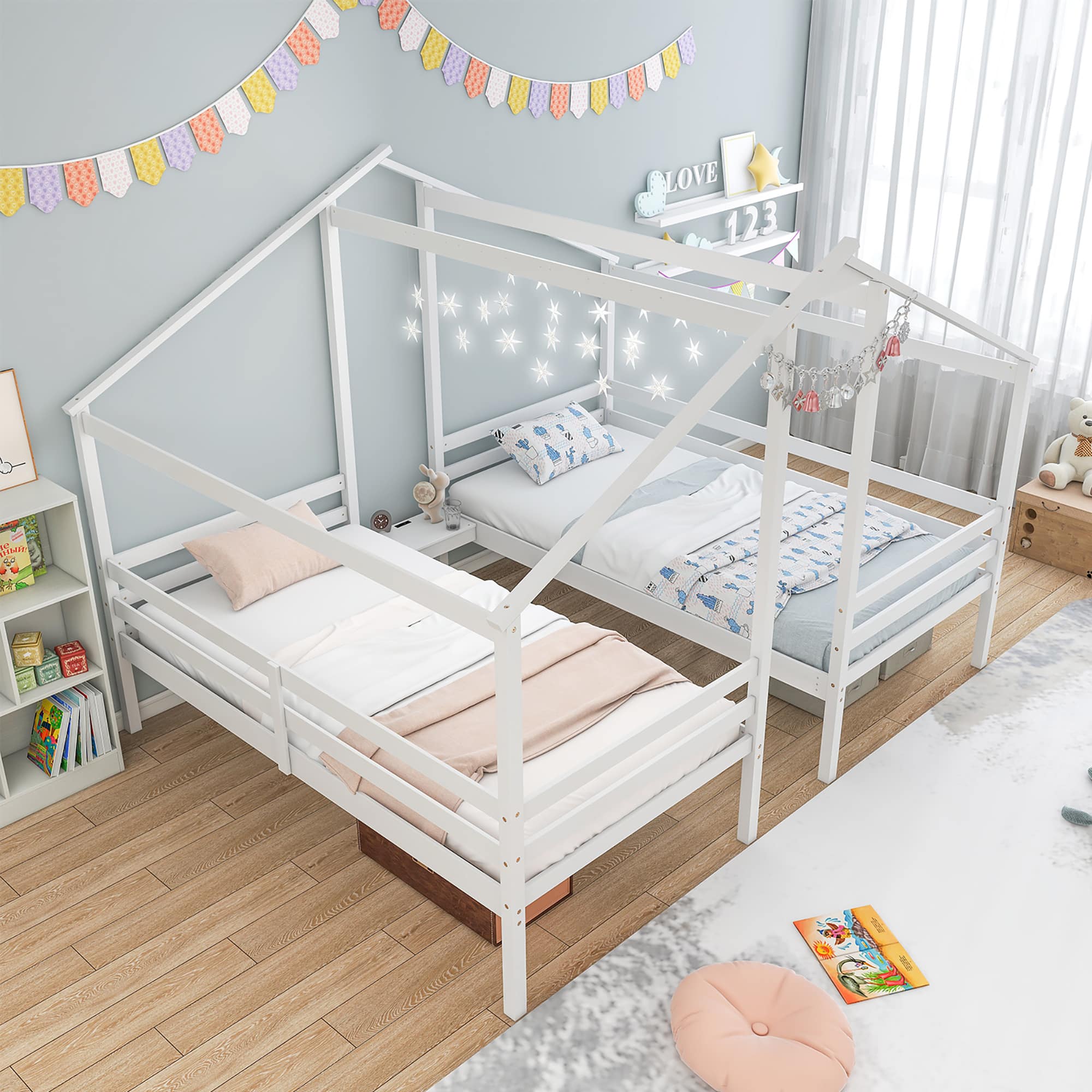 Gymax - Double Twin Size Bed Frames for Kids with Built-in Table & USB Port Guardrails - White