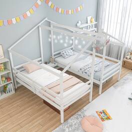 Gymax - Double Twin Size Bed Frames for Kids with Built-in Table & USB Port Guardrails - White