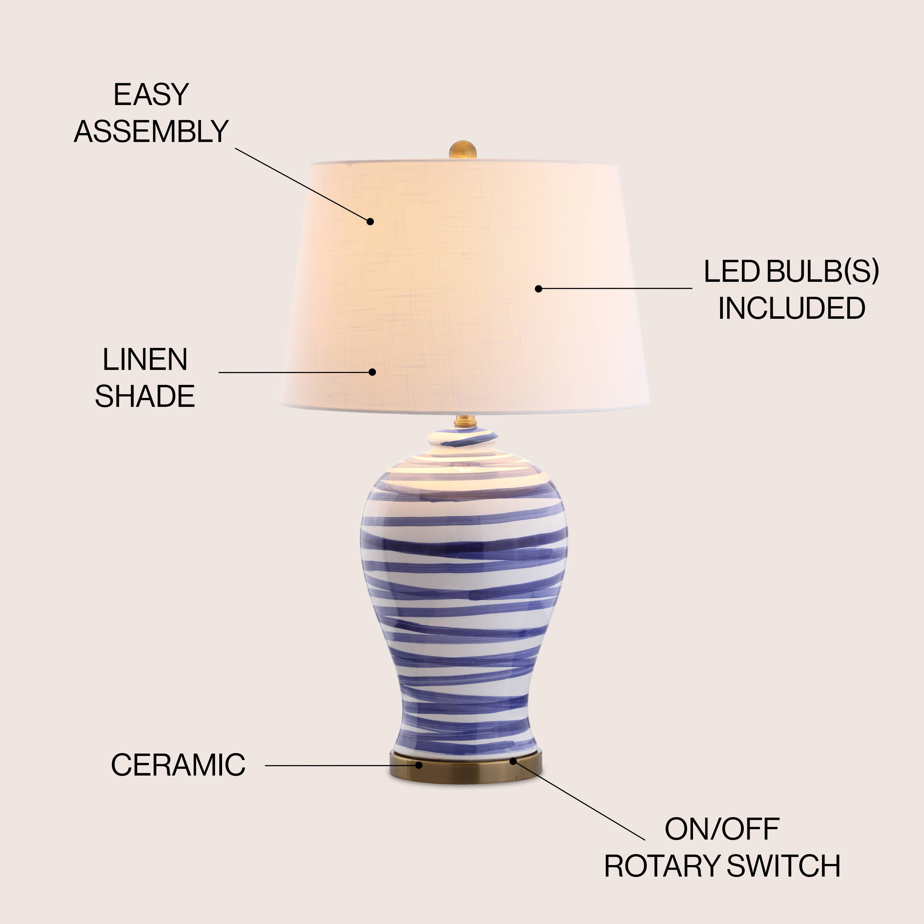 EASY ASSEMBLY  
LED BULB(S) INCLUDED  
LINEN SHADE  
CERAMIC  
ON/OFF ROTARY SWITCH