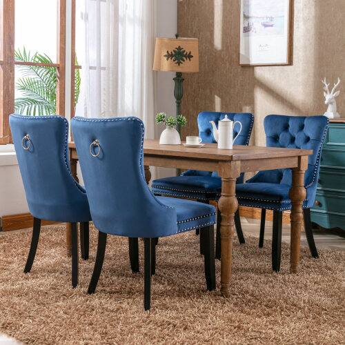 Alt View 4. LUCKY ONE - Assembled Tufted Velvet Dining Chair Set of 2 with Wood Legs Nailhead Trim High Back - Blue.