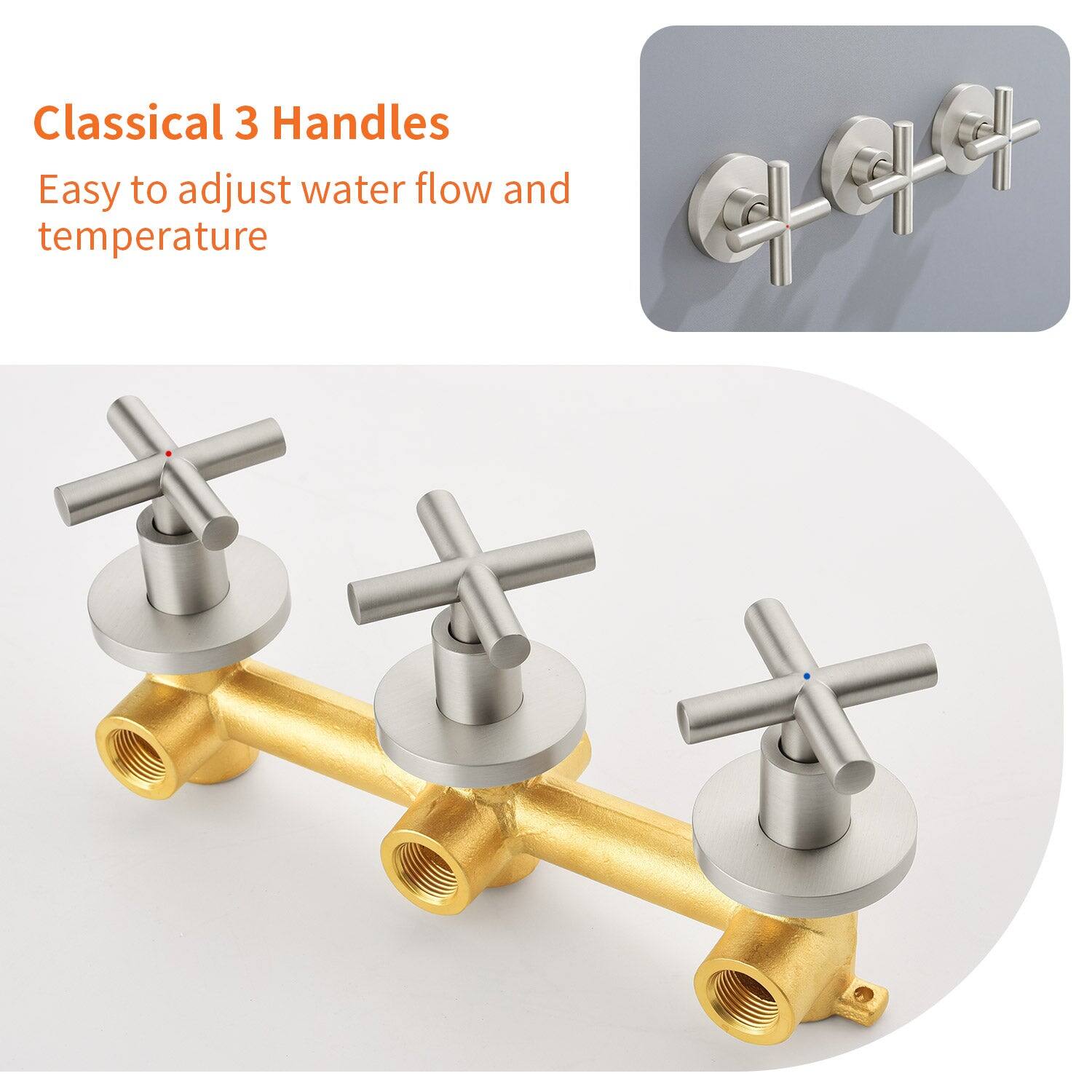 Classical 3 Handles  
Easy to adjust water flow and temperature