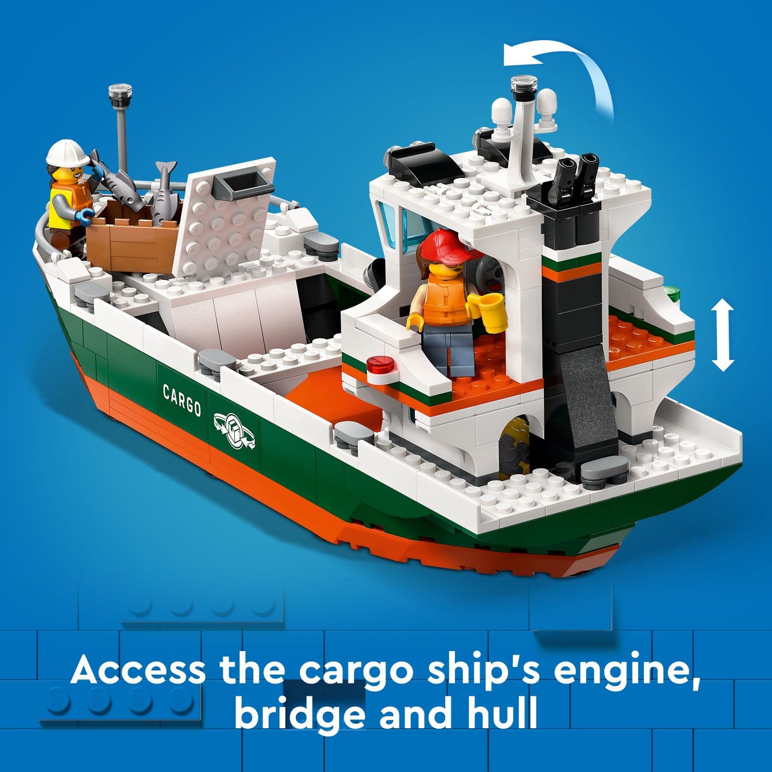 Access the cargo ship's engine, bridge, and hull.