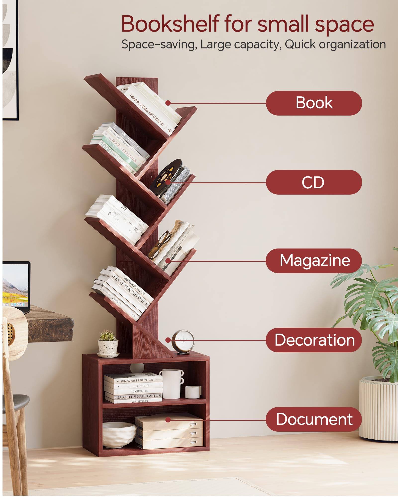 Bookshelf for small space  
Space-saving, Large capacity, Quick organization  

- Book  
- CD  
- Magazine  
- Decoration  
- Document