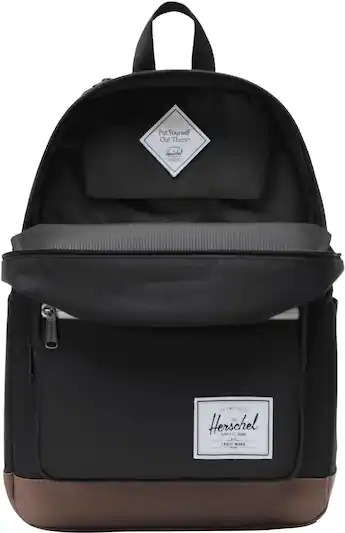 herschel backpack features Heritage A second side storage pocket provides space for smaller items that you want to access quickly such as a smartphone Pop Quiz Backpack Black/Tan