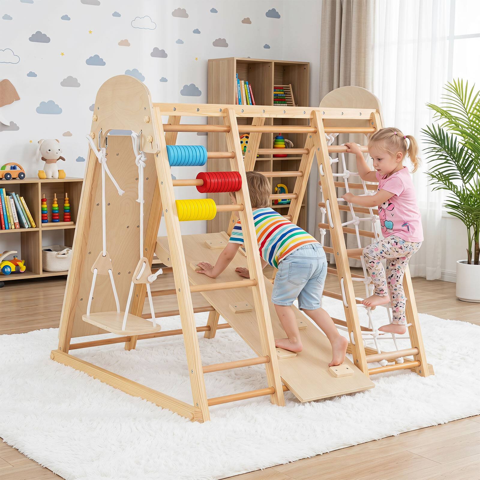 Alt View 1. Costway - Costway Indoor Jungle Gym for Kids 8-in-1 Montessori Climber Playset with Swing Monkey Bars - Natural.