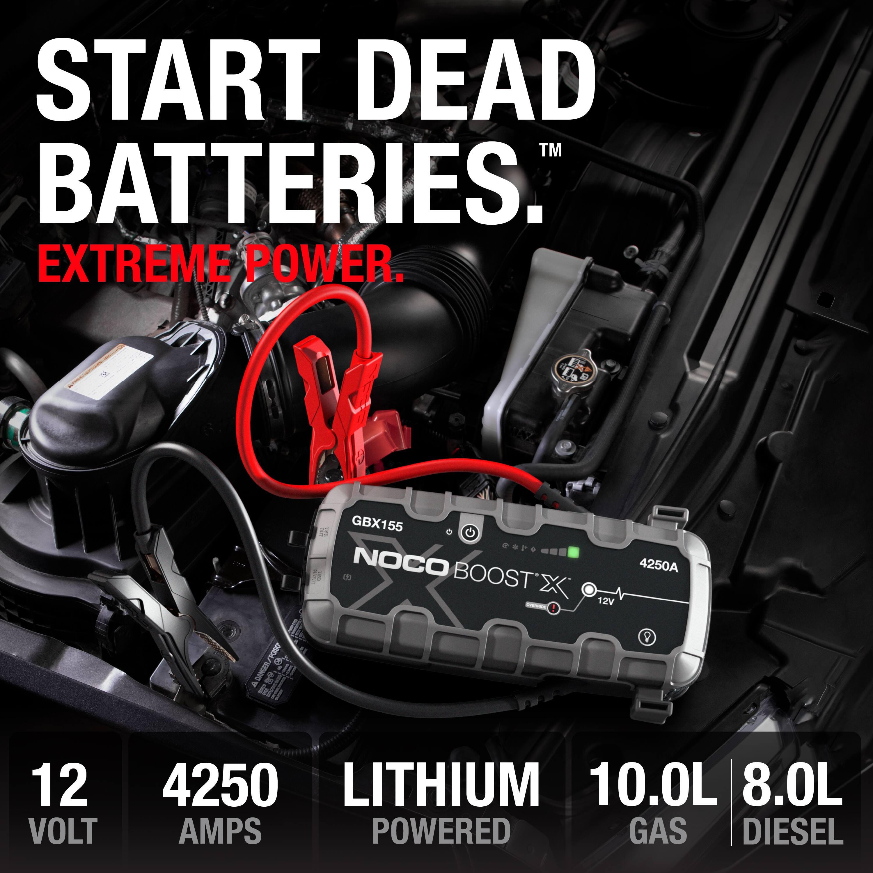 START DEAD BATTERIES.™  
EXTREME POWER.  

GBX155  
NOCO BOOST X  
4250A  

12 VOLT  
4250 AMPS  
LITHIUM POWERED  
10.0L GAS  
8.0L DIESEL
