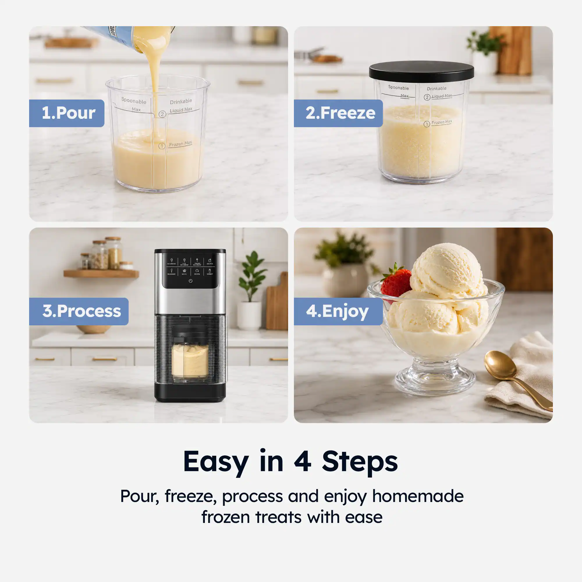 1. Pour
2. Freeze
3. Process
4. Enjoy

Easy in 4 Steps

Pour, freeze, process and enjoy homemade frozen treats with ease