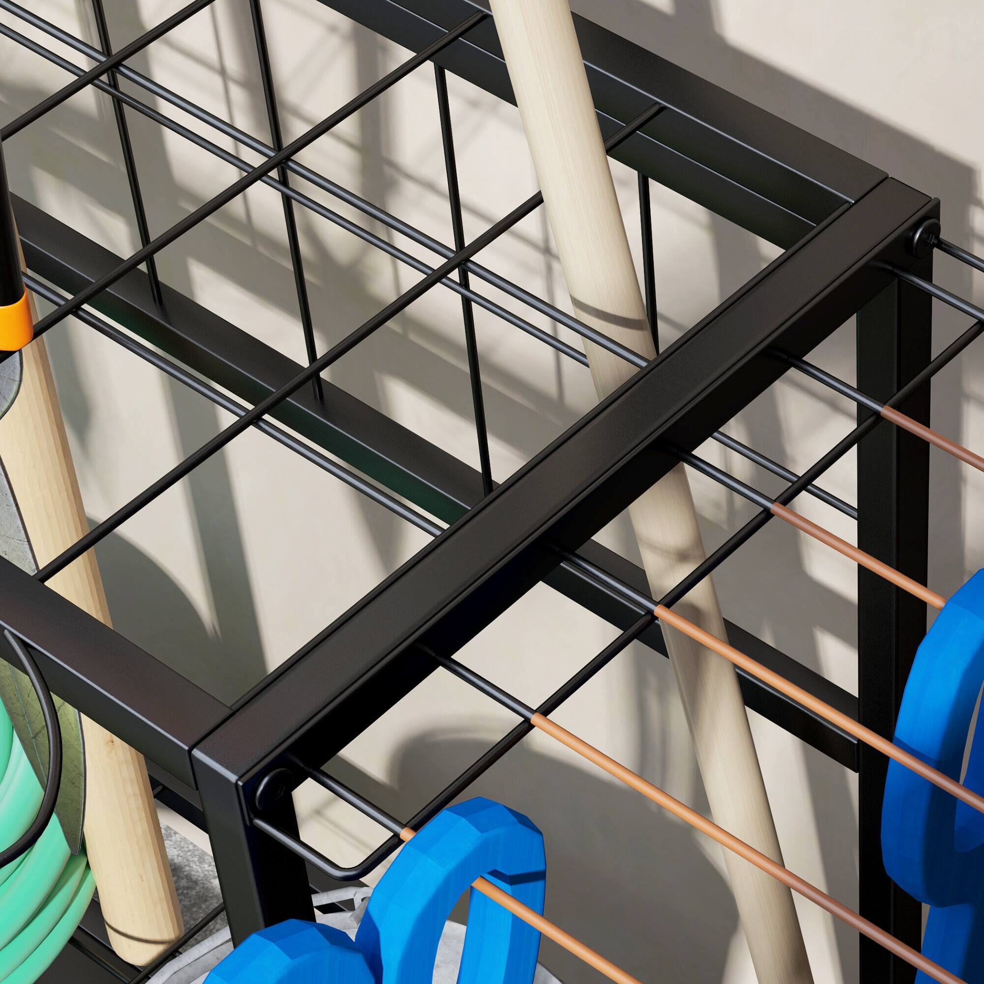 Alt View 8. Outsunny - Garden Tool Organizer for Garage, 3-Tier Yard Tool Storage Rack with Hooks for Long-Handled, Broom, Shovel, Rake - Orange.