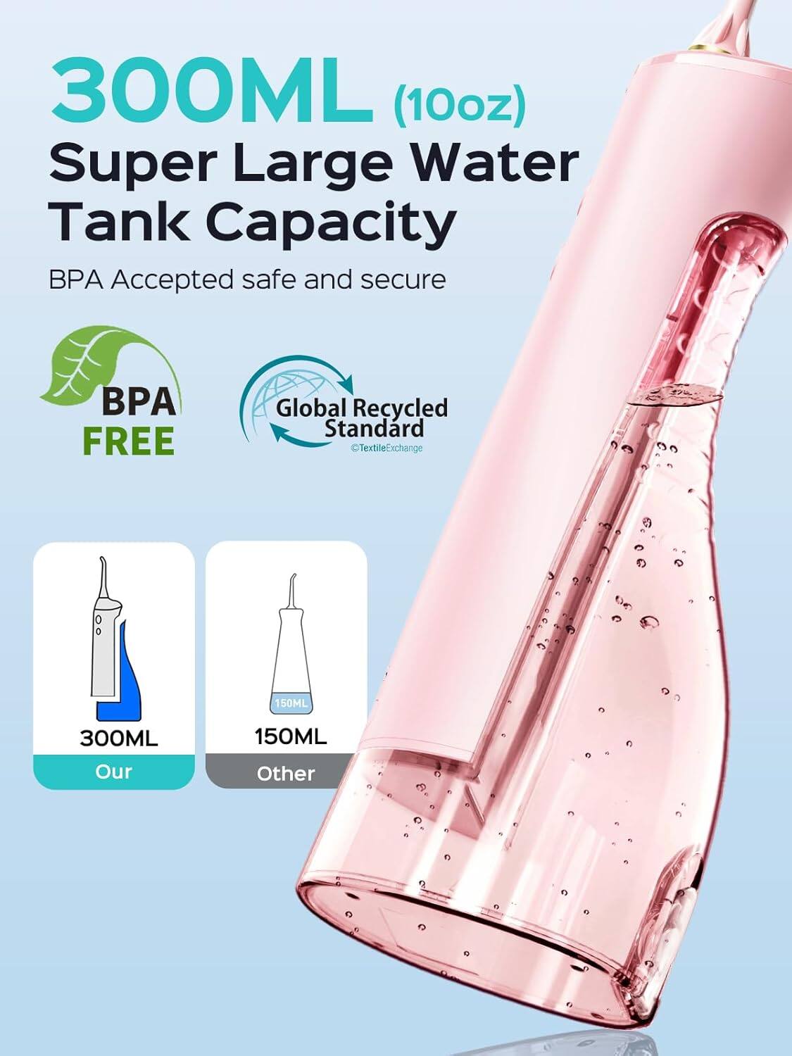 300ML (10oz) Super Large Water Tank Capacity  
BPA Accepted safe and secure  
BPA FREE  
Global Recycled Standard  
TextileExchange  

150ML  
300ML  

Our  
Other