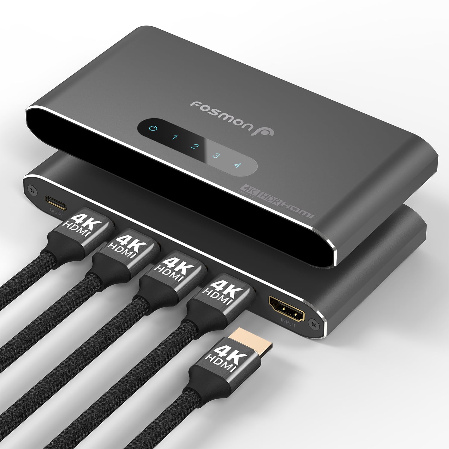 Fosmon - 4-Port 4K HDMI 2.0 Splitter for Dual Monitors (Mirror Only), Supports Downscale, HDR10, Dolby TrueHD, HDMI Splitter - Black