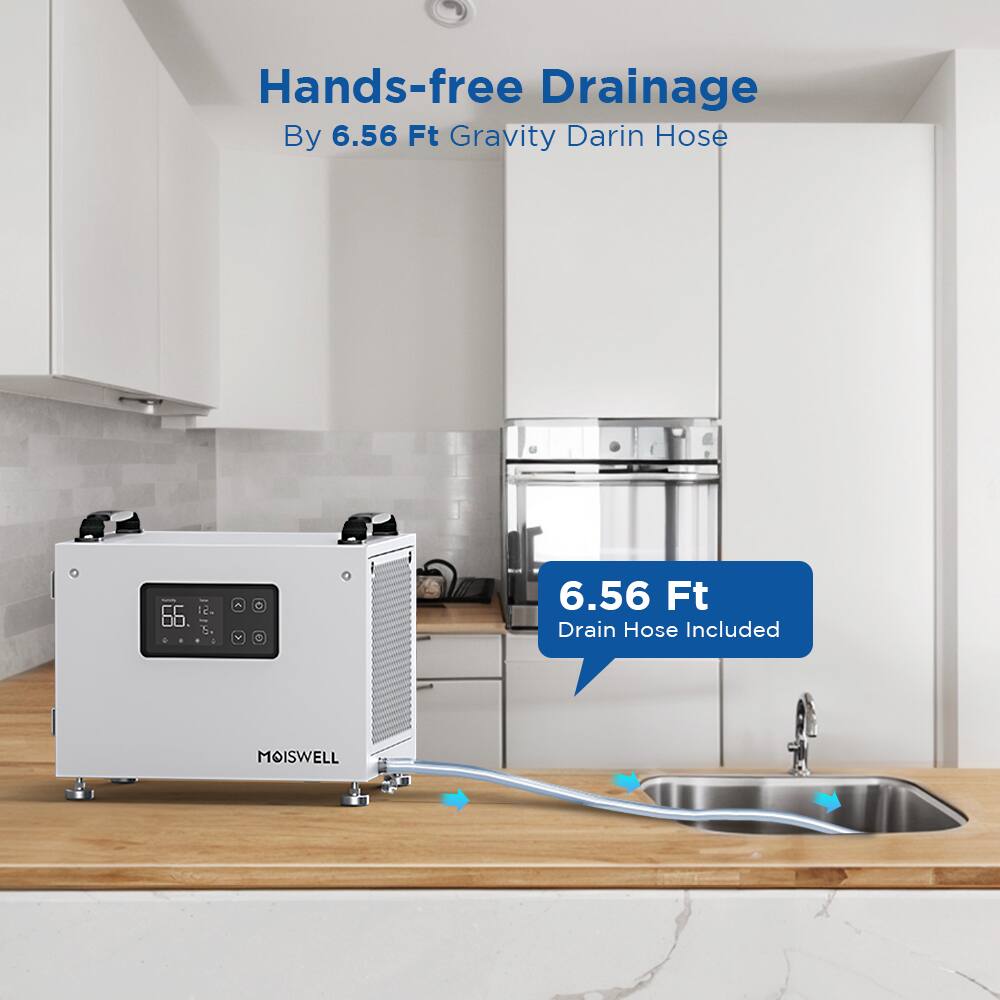 Hands-free Drainage  
By 6.56 Ft Gravity Darin Hose  

6.56 Ft Drain Hose Included  

MOISWELL