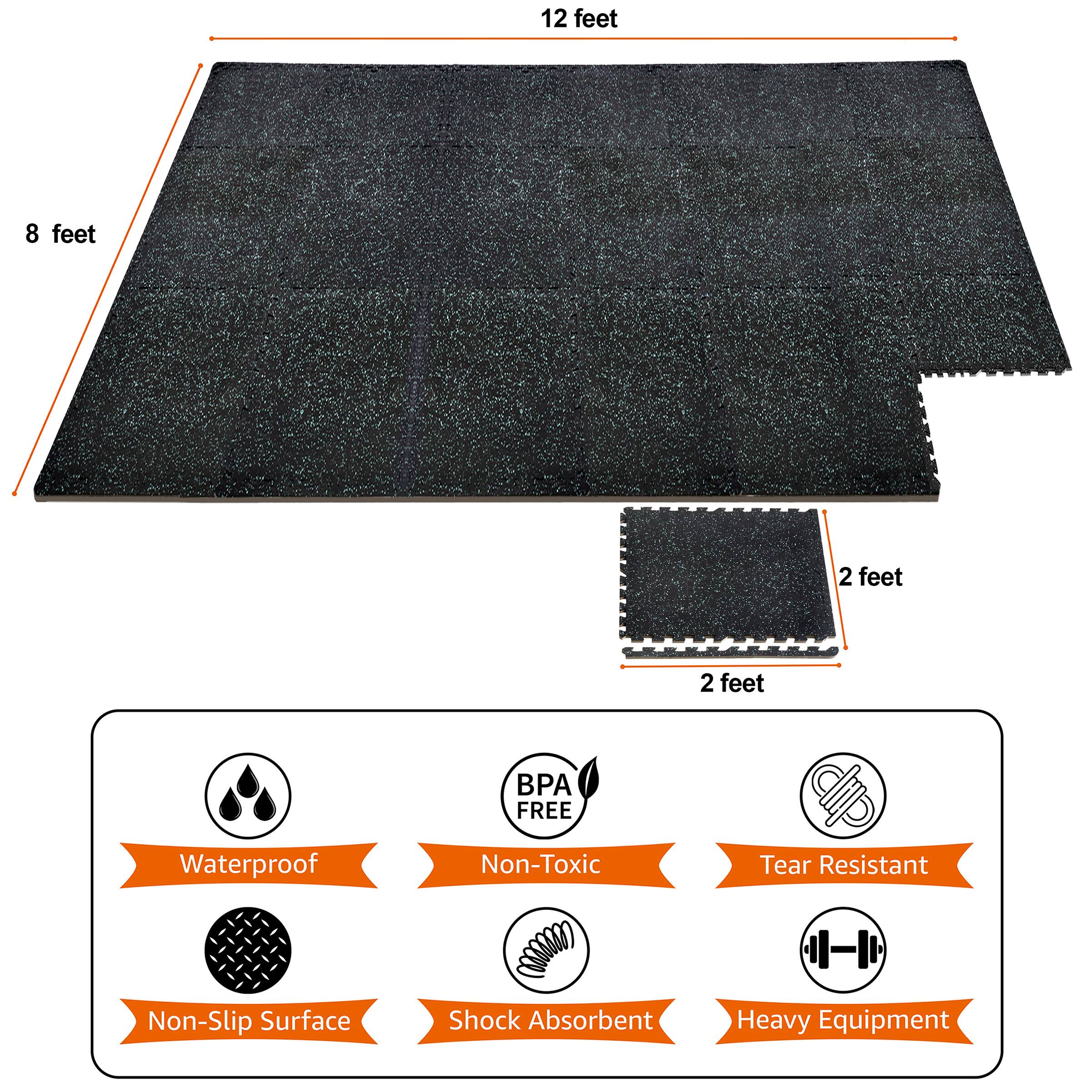 12 feet x 8 feet  
2 feet x 2 feet  

- Waterproof
- Non-Toxic
- Tear Resistant
- Non-Slip Surface
- Shock Absorbent
- Heavy Equipment
- BPA Free
