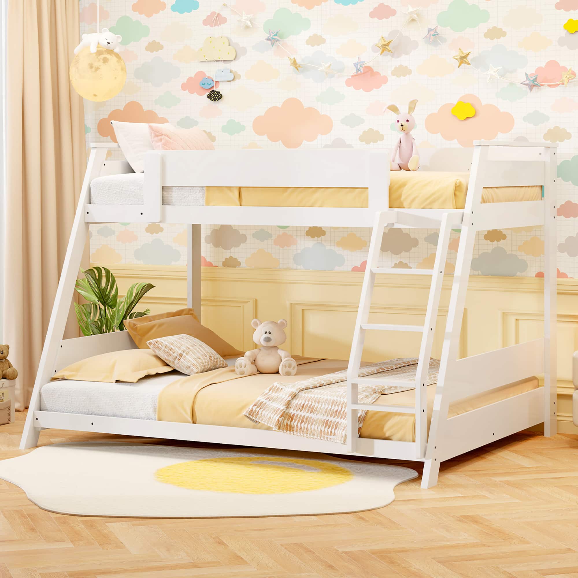 Gymax - Twin Over Full Low Bunk Bed Solid Wooden Floor Bunk Bed w/ Reversible Ladder - White
