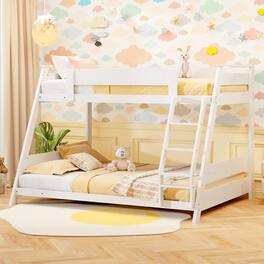 Gymax - Twin Over Full Low Bunk Bed Solid Wooden Floor Bunk Bed w/ Reversible Ladder - White