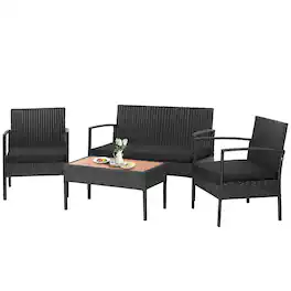 Costway - 4PCS Patio Rattan Furniture Set Cushioned Chair Wooden Tabletop - Black