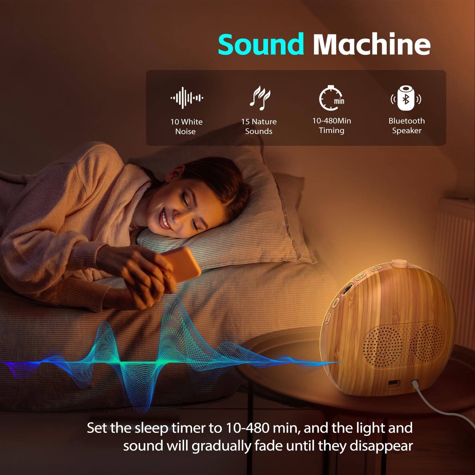 Sound Machine

- 10 White Noise
- 15 Nature Sounds
- 10-480Min Timing
- Bluetooth Speaker

Set the sleep timer to 10-480 min, and the light and sound will gradually fade until they disappear
