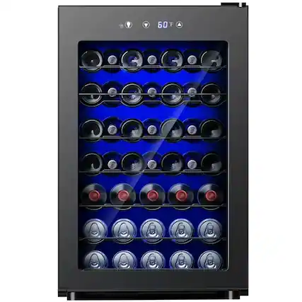 Front. SIMZLIFE - 45 Bottle Wine Cooler Refrigerator,Built-in Wine Fridge with Stainless Steel Glass Door,Ideal for Home, Kitchen & Office - Black.