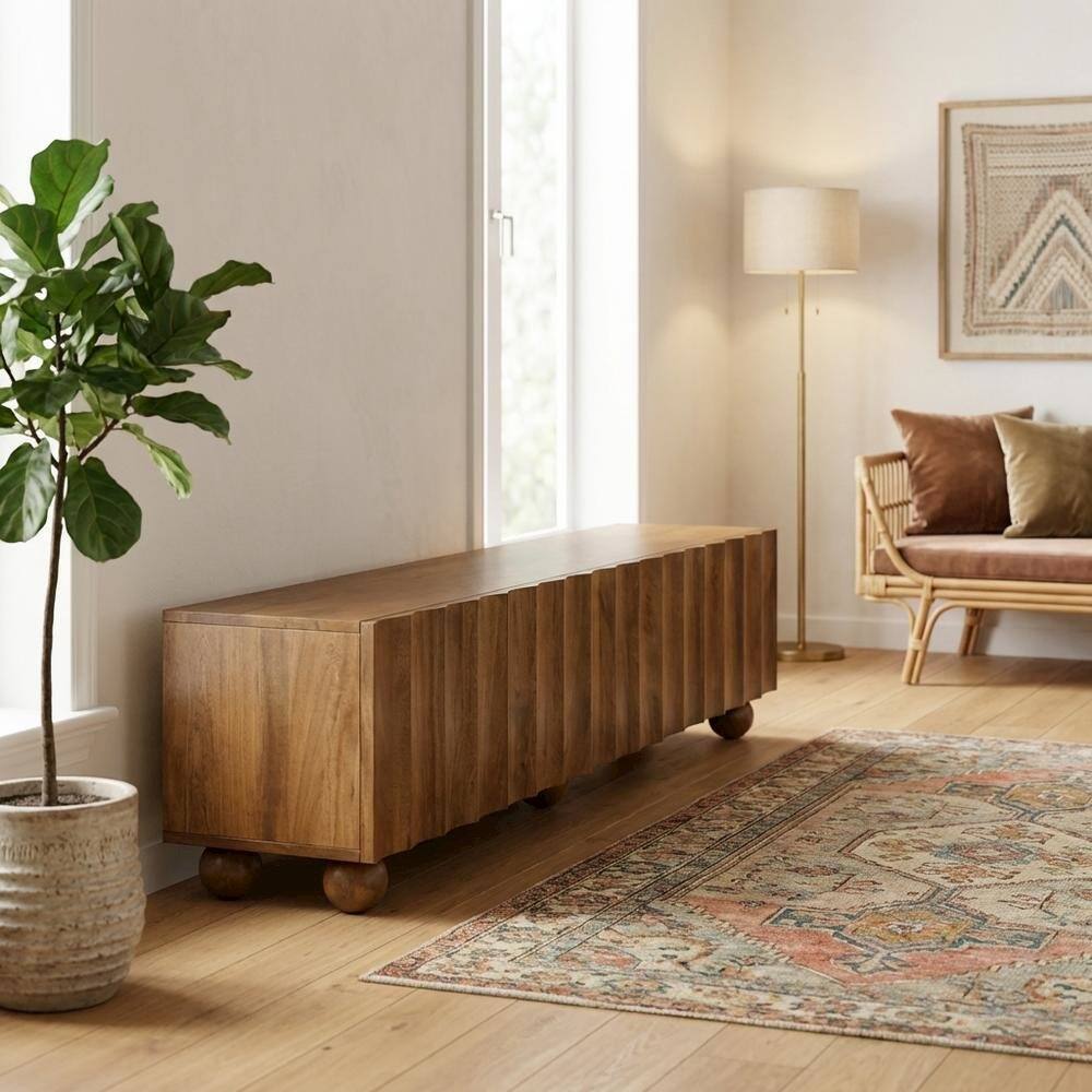 Angle. FurniFact - Scalloped Wood TV Stand in Neutral Finish with Spacious Storage - Brown.