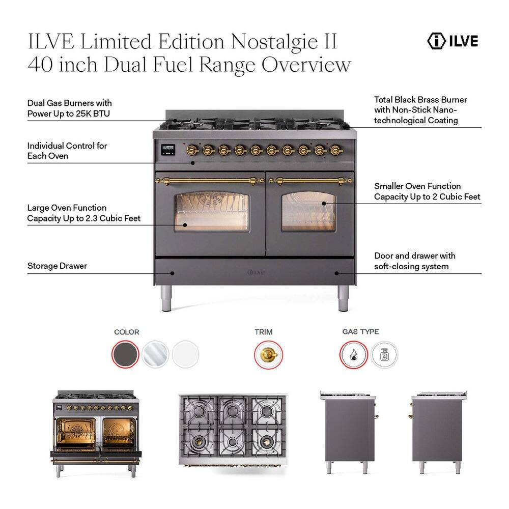 ILVE Limited Edition Nostalgie II 40 inch Dual Fuel Range Overview

- ILVE Dual Gas Burners with Power Up to 25K BTU
- Total Black Brass Burner with Non-Stick Nano-technological Coating
- Individual Control for Each Oven
- Large Oven Function Capacity Up to 2.3 Cubic Feet
- Smaller Oven Function Capacity Up to 2 Cubic Feet
- Storage Drawer
- Door and drawer with soft-closing system

COLOR | TRIM | GAS TYPE
