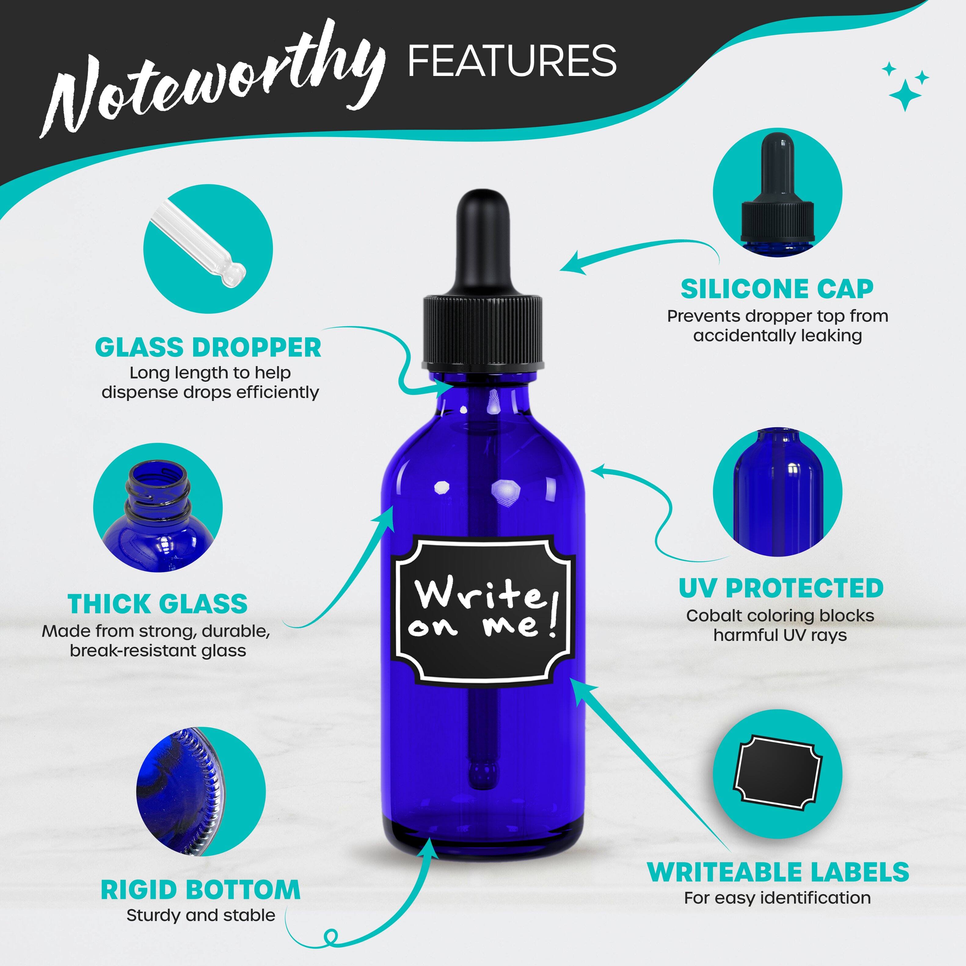 **Noteworthy Features**

- **Glass Dropper**: Long length to help dispense drops efficiently
- **Silicone Cap**: Prevents dropper top from accidentally leaking
- **Thick Glass**: Made from strong, durable, break-resistant glass
- **UV Protected**: Cobalt coloring blocks harmful UV rays
- **Rigid Bottom**: Sturdy and stable
- **Writeable Labels**: For easy identification