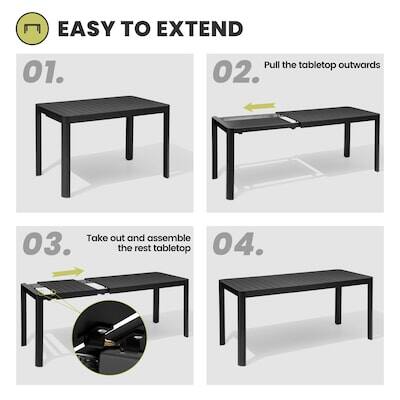 EASY TO EXTEND

01. Pull the tabletop outwards

02. Take out and assemble the rest tabletop