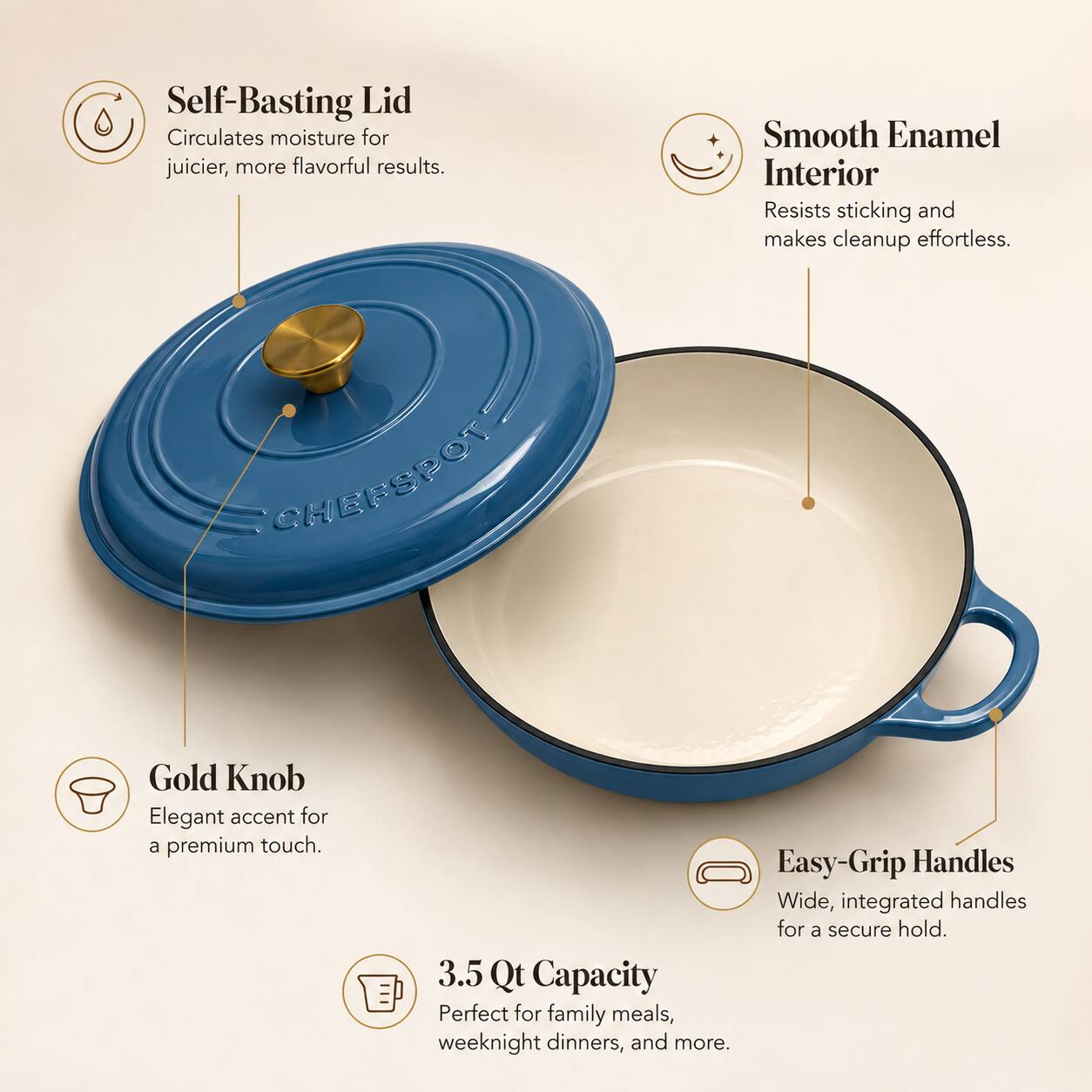 Self-Basting Lid Circulates moisture for juicier, more flavorful results.  
Smooth Enamel Interior Resists sticking and makes cleanup effortless.  
Gold Knob Elegant accent for a premium touch.  
Easy-Grip Handles Wide, integrated handles for a secure hold.  
3.5 Qt Capacity Perfect for family meals, weeknight dinners, and more.