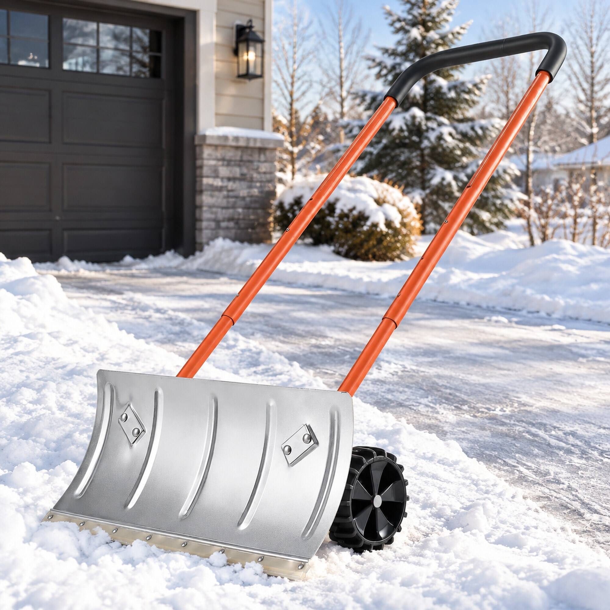 Angle. RYHNUYNE - 24 in Snow Pusher Shovel, Metal Snow Plow, Adjustable Handle, Anti-Slip Wheels, Driveway Clearing - Gray.