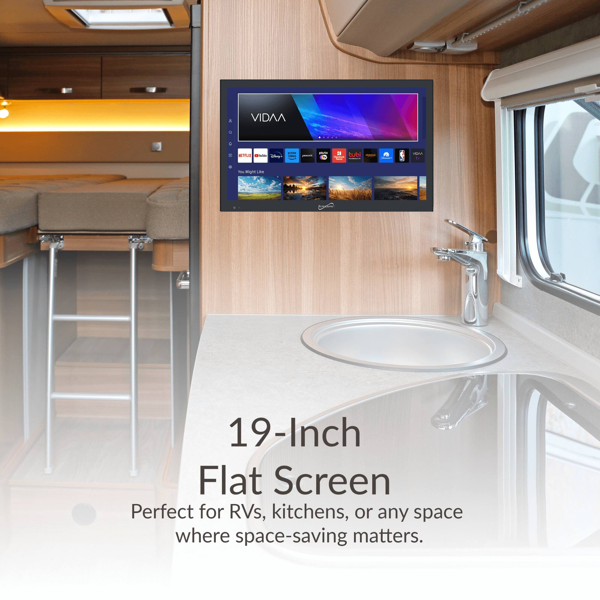 VIDAA - R. - I I : a bubi - N   - de - mge -   19-Inch Flat Screen Perfect for RVs, kitchens, or any space where space-saving matters.