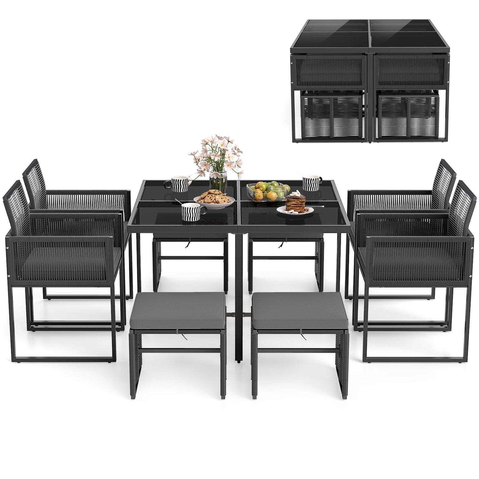 Alt View 6. Gymax - Gymax Set Of 9 Patio Dining Set w/ PE Rattan Chairs Tempered Glass Table & Ottomans - Black, Gray.