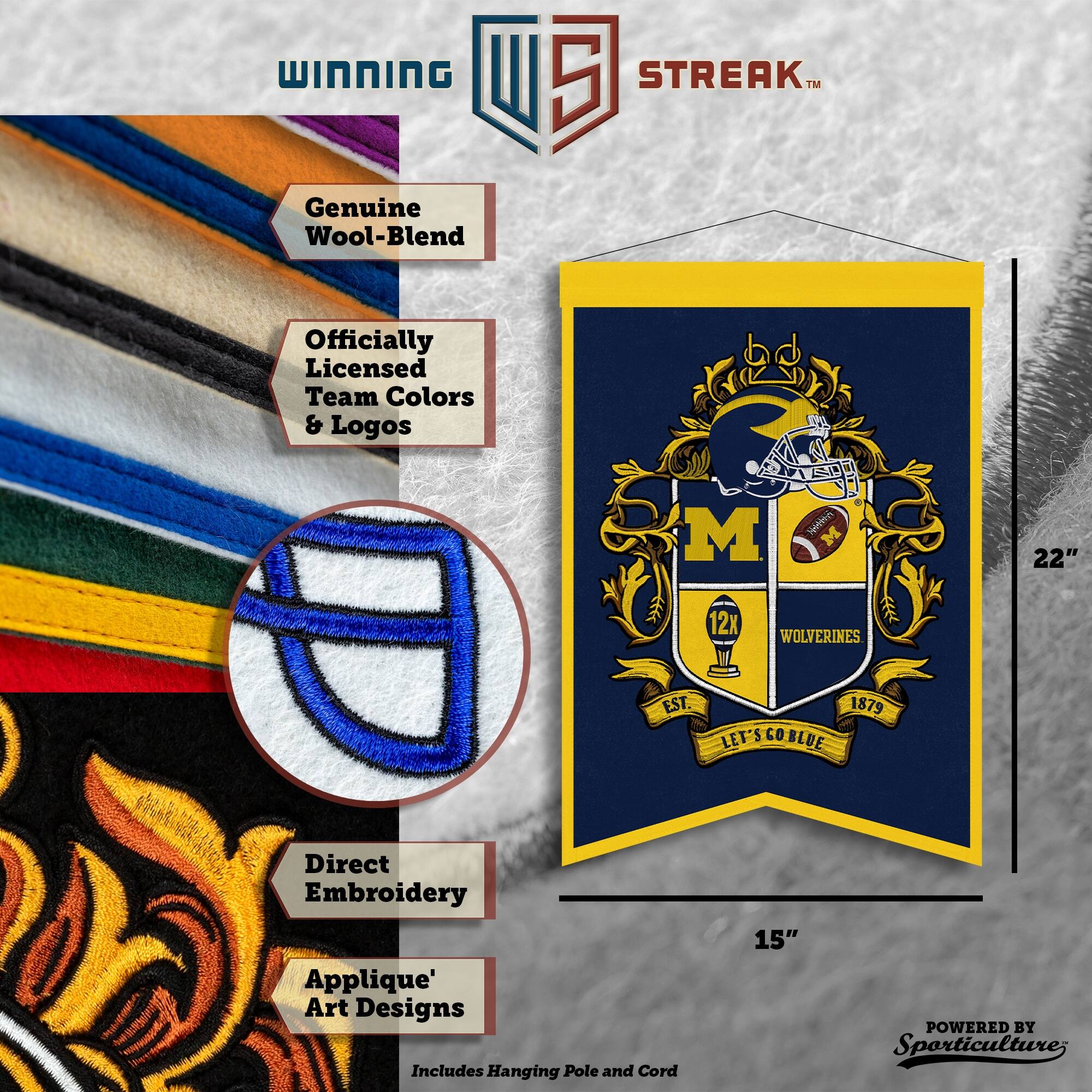 WINNING I 5 STREAK™ Genuine Wool-Blend Officially Licensed Team Colors & Logos 22" 15" WOLVERINES EST. 1879 LET'S GO BLUE Direct Embroidery Applique' Art Designs Includes Hanging Pole and Cord POWERED BY Sporticulture