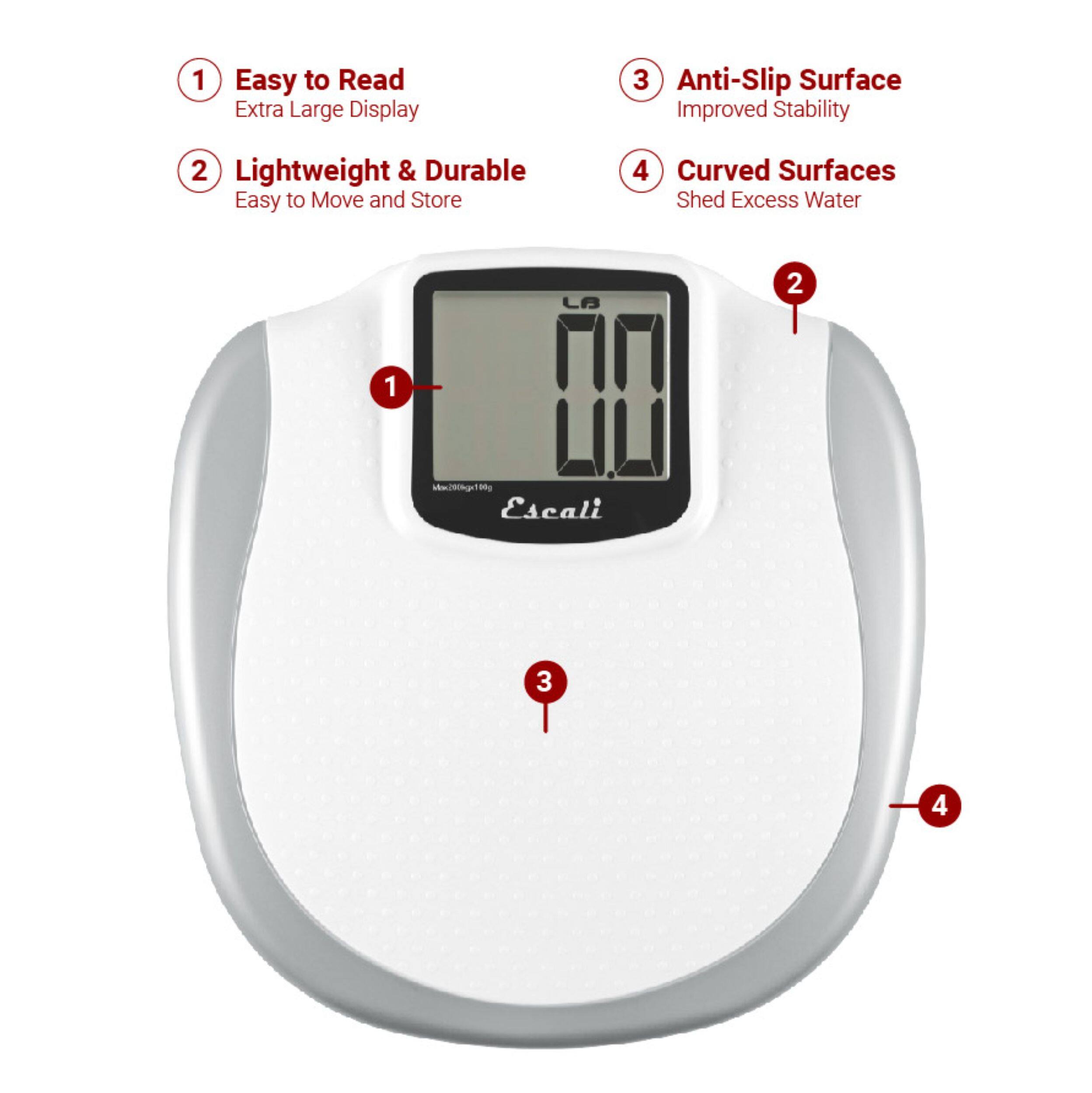 1 Easy to Read Extra Large Display
2 Lightweight & Durable Easy to Move and Store
3 Anti-Slip Surface Improved Stability
4 Curved Surfaces Shed Excess Water