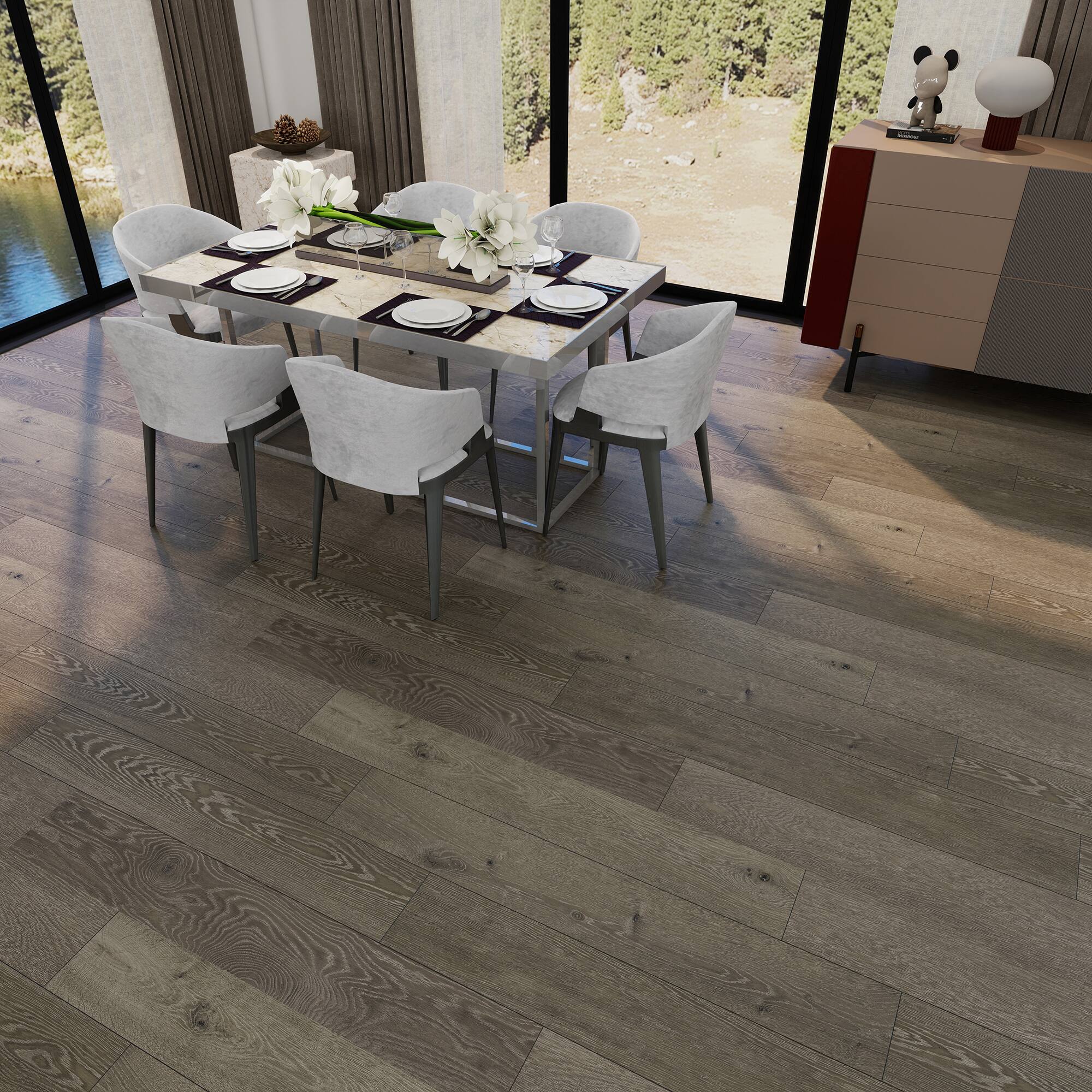 Left. Dotfloor - Superoak SEKET Laminate Flooring - 48"x7.7" Planks, 8 Planks/Box (20.56 sq ft/Box), 12mm Thick, AC4 Wear Rating - Brown Knots.