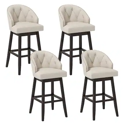 Front. Gymax - Gymax Mid Century Upholstered Bar Stools Set of 4 31'' Swivel Bar Height Bar Stools with Button-tufted Back - Beige + Brown.