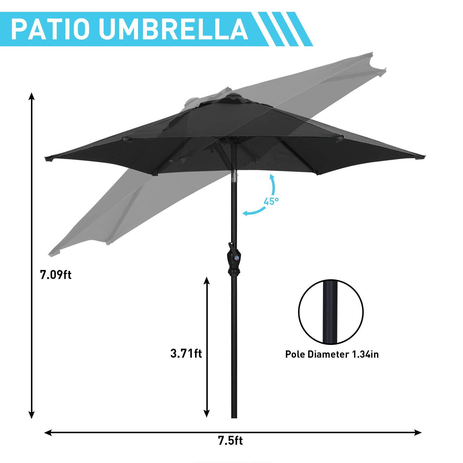 PATIO UMBRELLA

- 45°
- 7.09ft
- 3.71ft
- Pole Diameter 1.34in
- 7.5ft