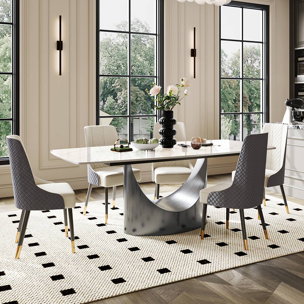 Left. POVISON - 79" Modern Minimalist Dining Table for 6-8, White Rectangular Glossy Sintered Stone Tabletop, Dark Gray Carbon Steel Leg - Glossy White Sintered Stone with Gray.