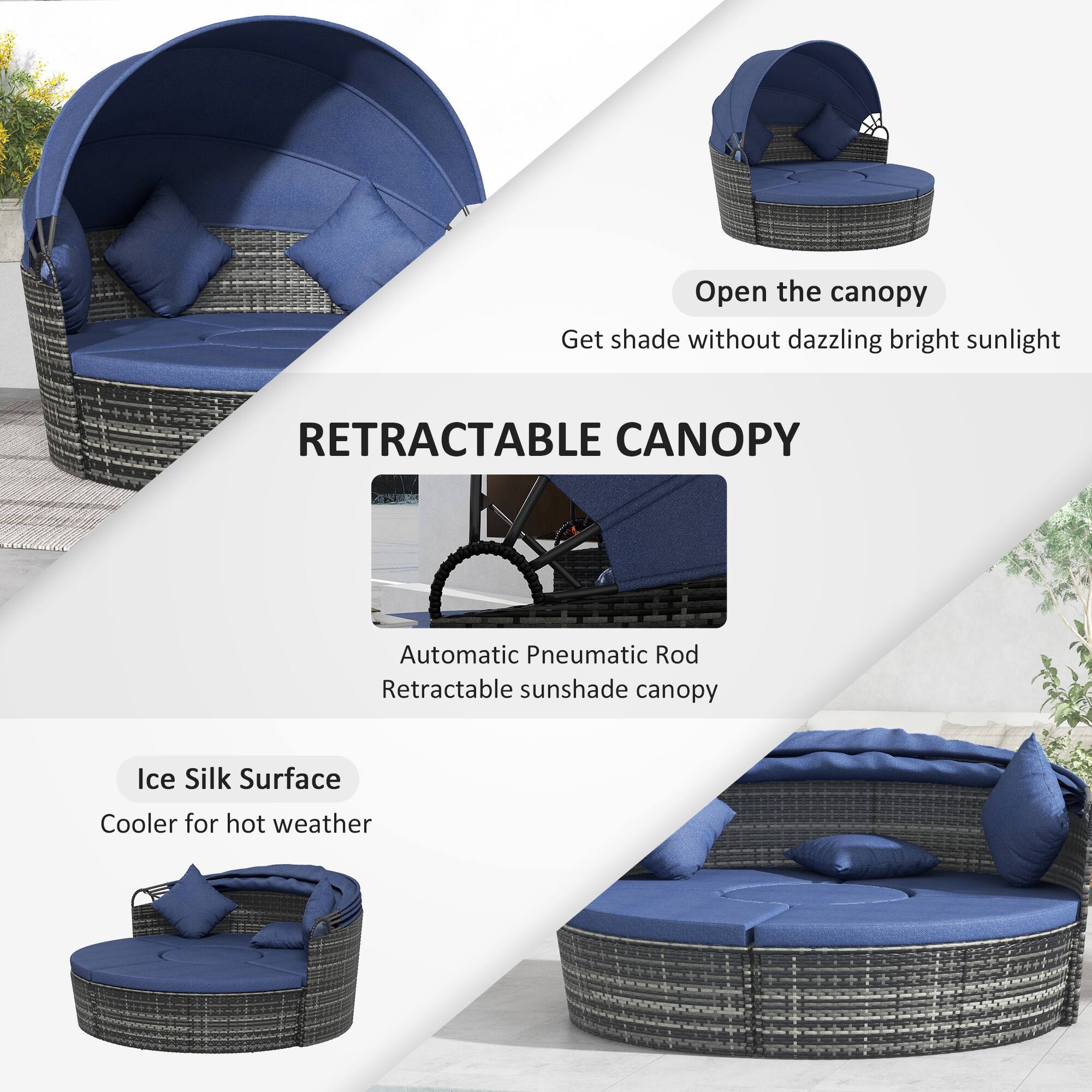Open the canopy  
Get shade without dazzling bright sunlight

RETRACTABLE CANOPY

Automatic Pneumatic Rod  
Retractable sunshade canopy

Ice Silk Surface  
Cooler for hot weather