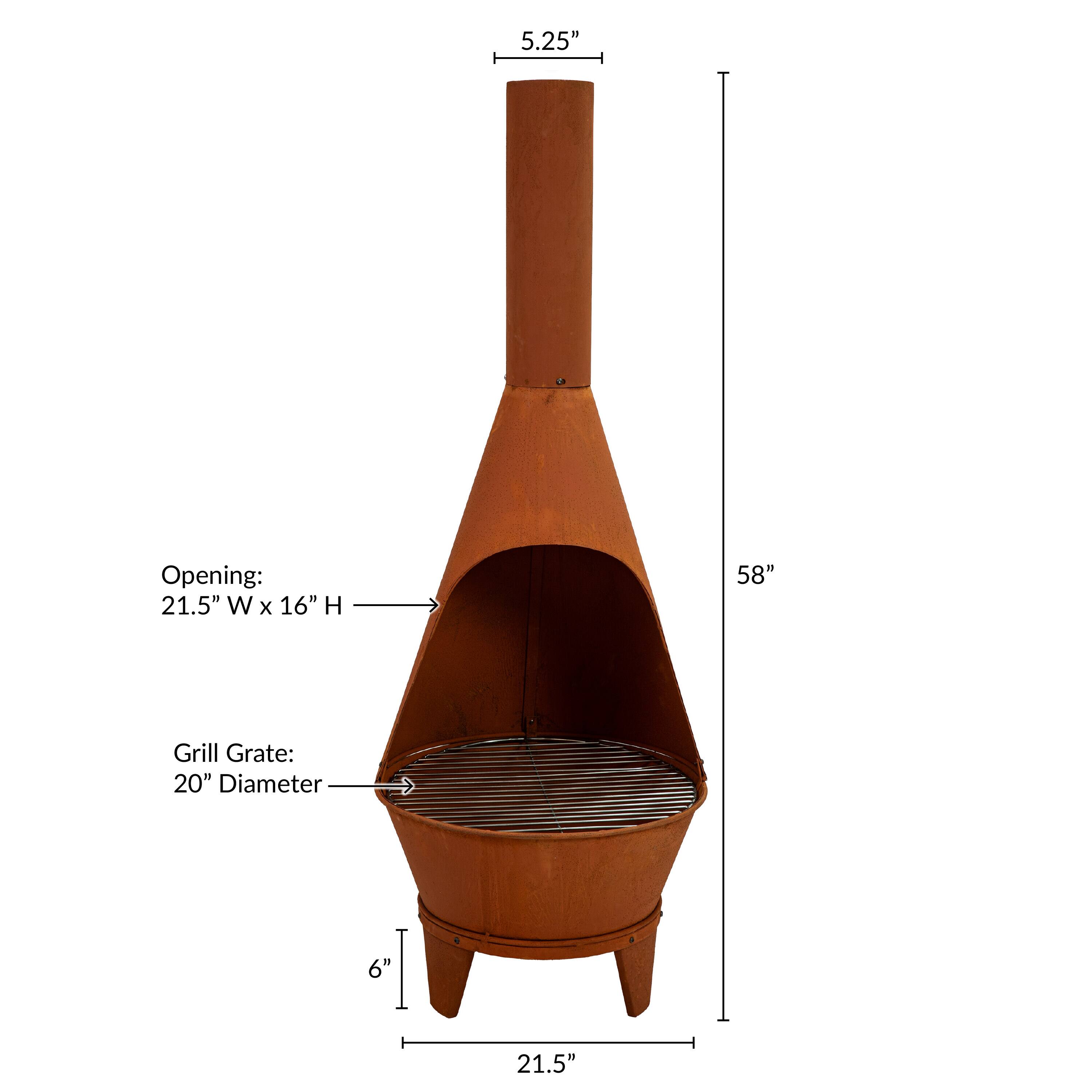 5.25" Opening: 21.5" W x 16" H  
58" Grill Grate: 20" Diameter  
6" 21.5"