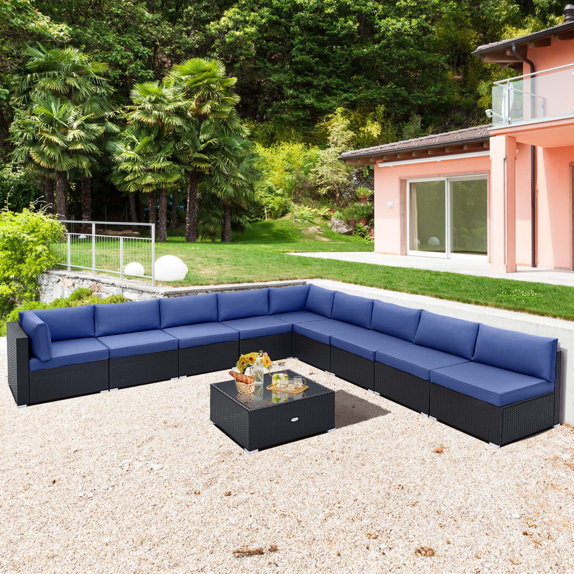 Alt View 1. Costway - Costway 10 PCS Patio Rattan Furniture Set Outdoor Wicker Sofa Table Cushioned Seat - Brown,Navy.