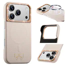 Dteck - Luxury PU Leather Texture Magnetic Case for Apple iPhone 17 Pro Max with Diamond Lens Border, Shockproof Hard PC Cover - Khaki