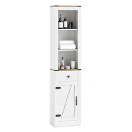 Gymax - 68'' Tall Bathroom Cabinet w/ Barn Door Drawer & Adjustable Shelf for Laundry - White, Natural