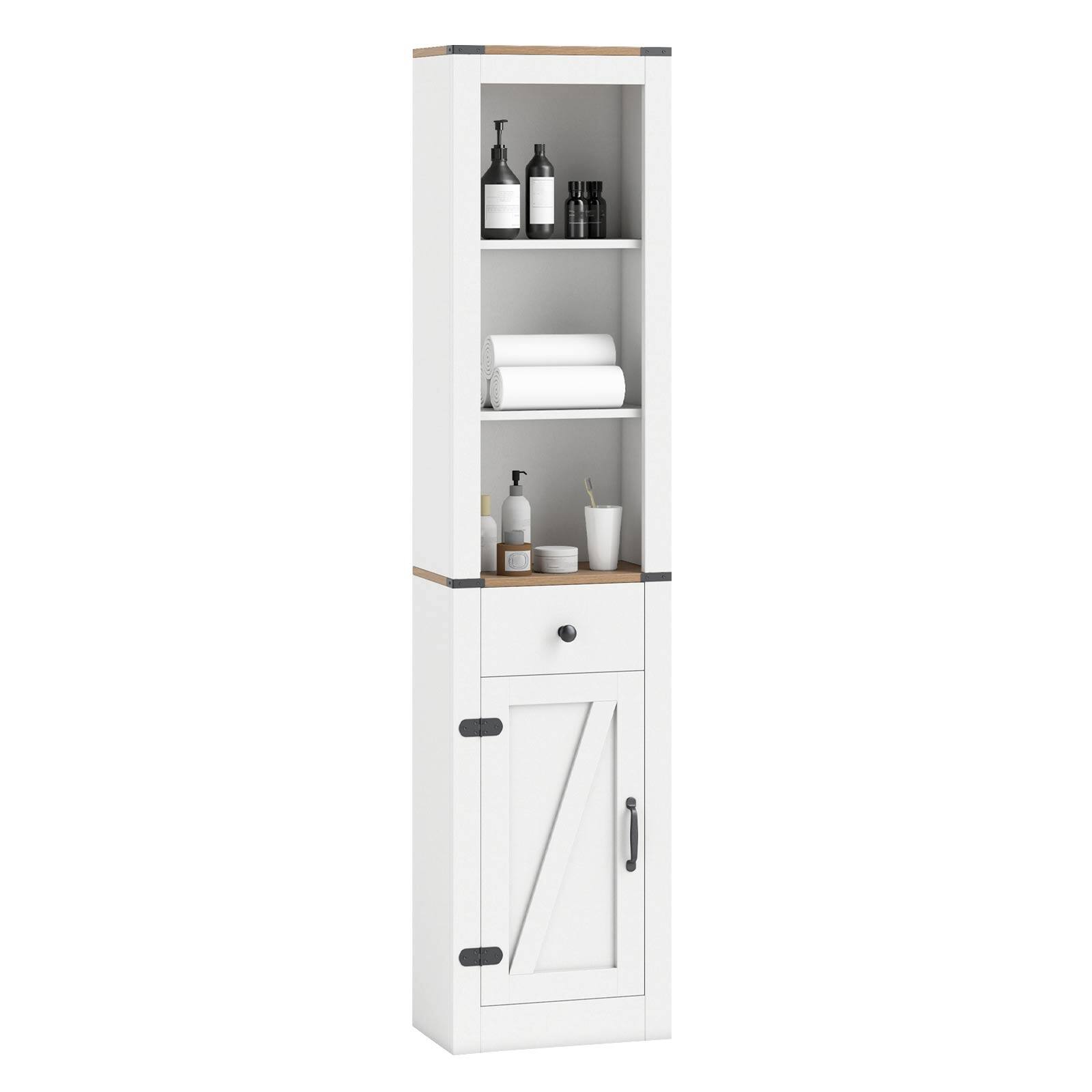Front. Gymax - Gymax 68'' Tall Bathroom Cabinet w/ Barn Door Drawer & Adjustable Shelf for Laundry - White, Natural.
