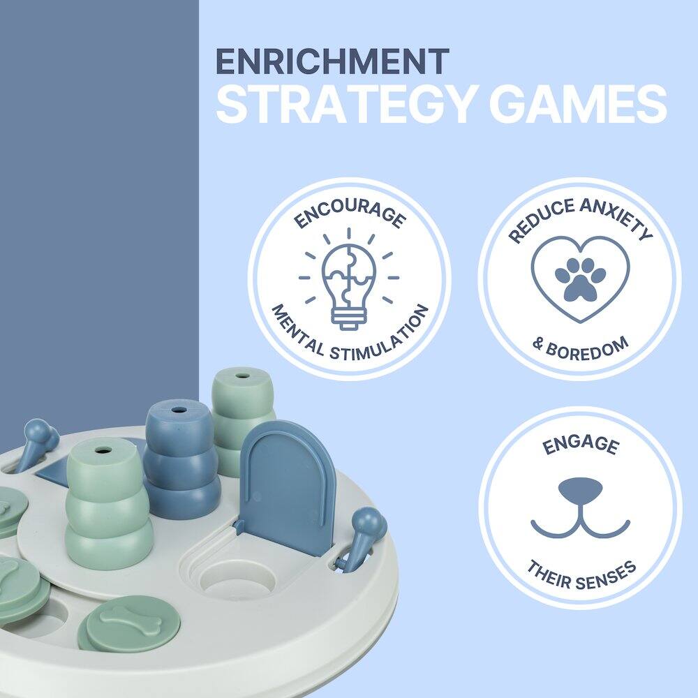 ENRICHMENT STRATEGY GAMES ENCOURAGE MENTAL STIMULATION, REDUCE ANXIETY & BOREDOM, ENGAGE THEIR SENSES